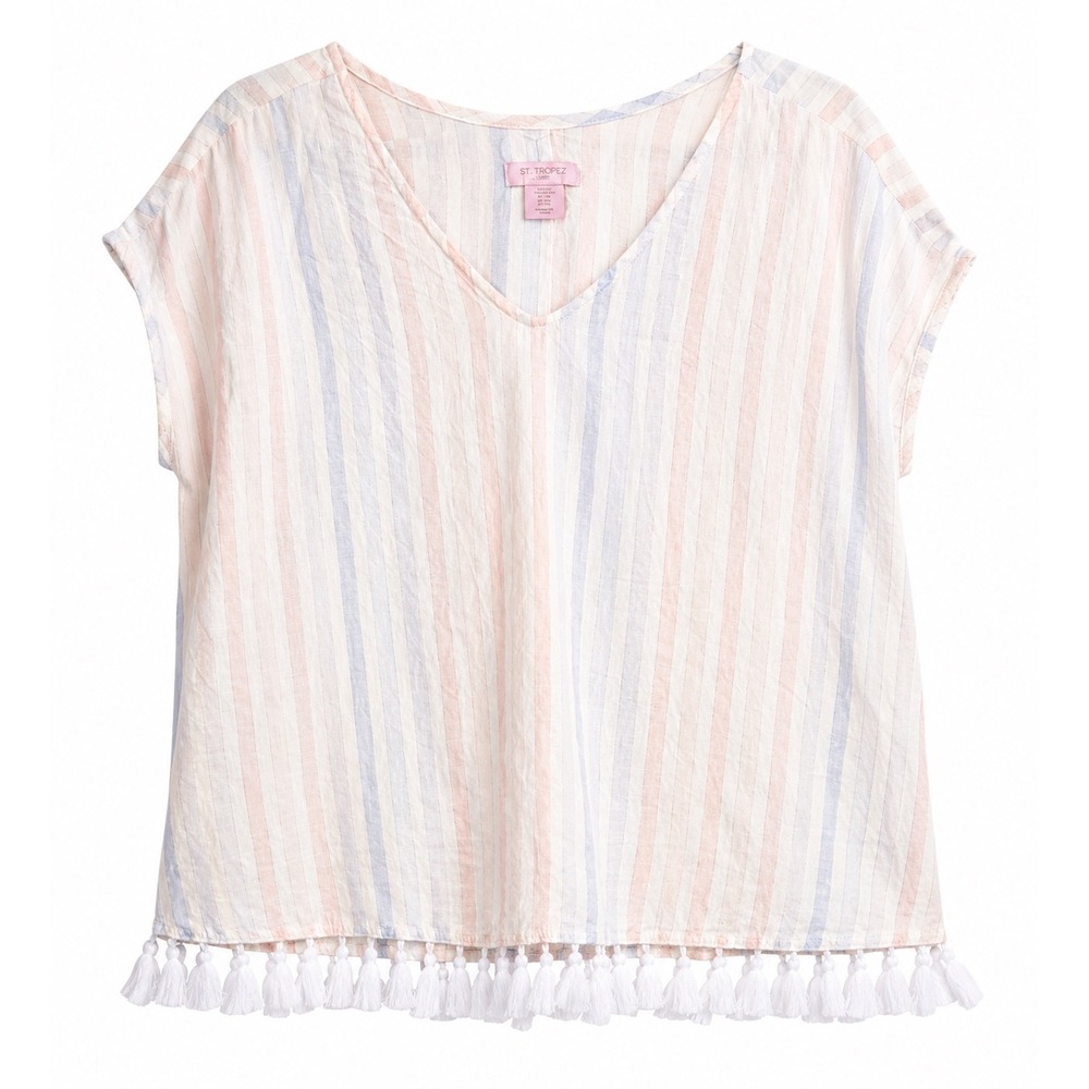 St. Tropez West 99% Linen Metallic Stripe Fringe Top / Beach Cover-Up – Size XL